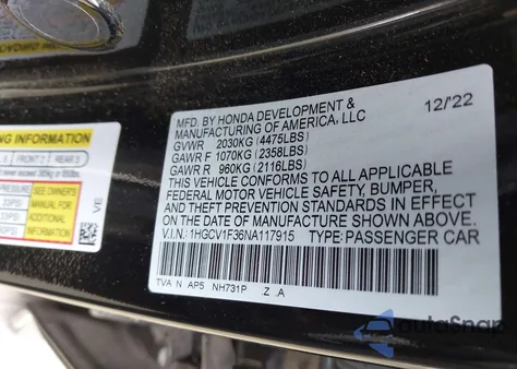 2022 Honda Accord Sport from USA, damaged, VIN 1HGCV1F36NA117915